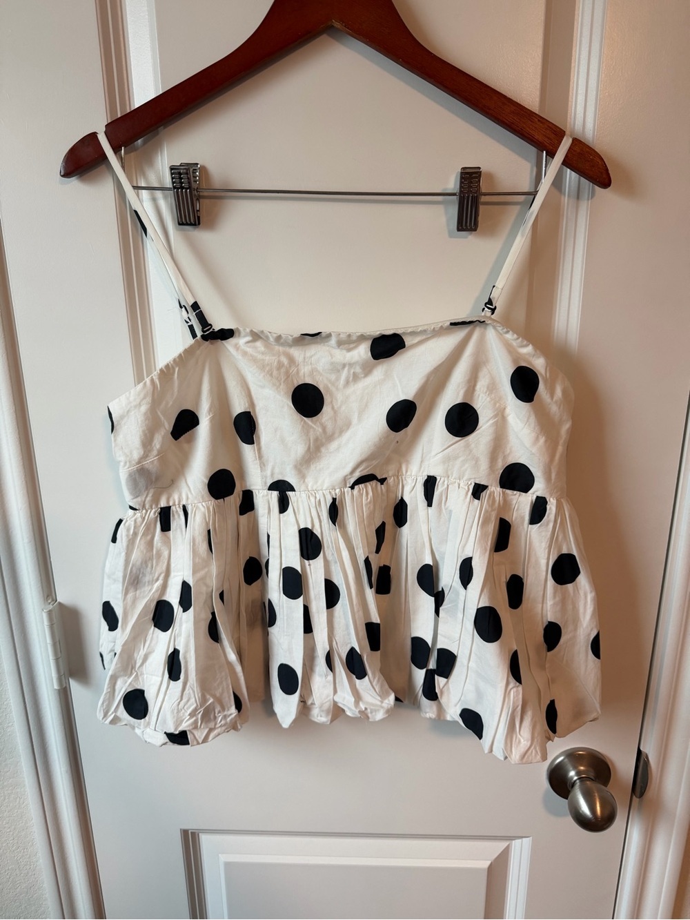 ⚡️Maeve Anthropologie Babydoll Bubble Blouse - White + Black Polka Dots - Picture 3 of 6